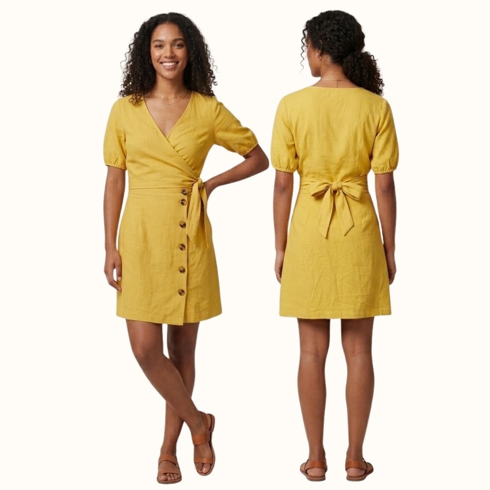 NEW Idem Ditto 100% Cotton Yellow Babydoll Wrap Cutout Button Mini Dress Size M